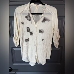 Embroidered Cream Button-Front Women's Top